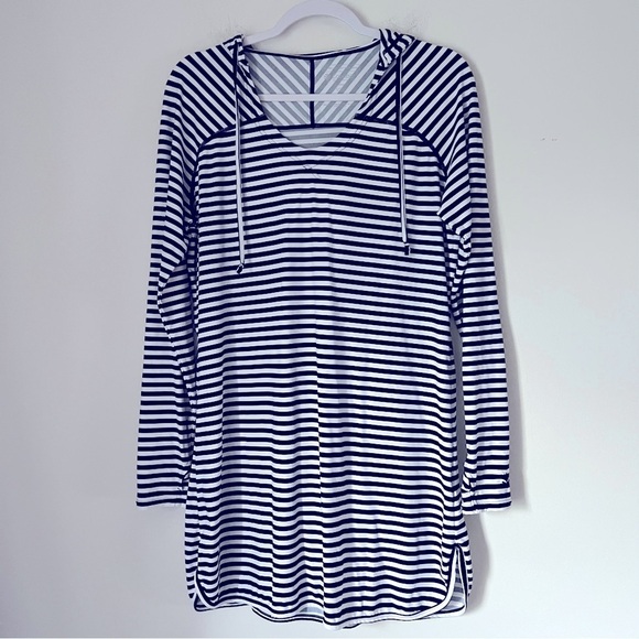 Coolibar Seacoast Swim Cover-Up Hooded Dress Black & White Stripe Beachy Coastal - Picture 3 of 16